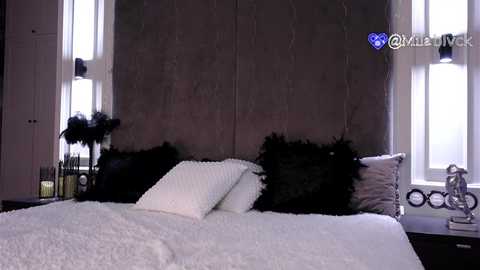 Media: A video of a modern bedroom featuring a plush white bed with black feathered pillows, set against a textured, dark gray wall. The room has large windows, a silver lamp, and a black candleholder on the nightstand.