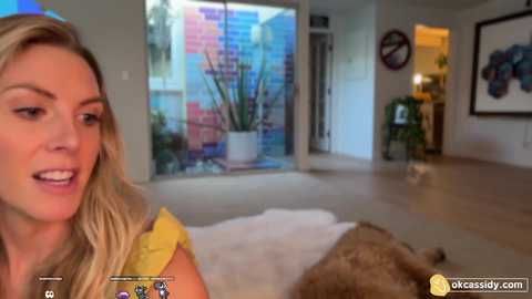 Media: A video shows a blonde woman in a yellow top, smiling, with a cat on a white rug in a modern, brightly lit living room featuring colorful graffiti artwork and a large window.