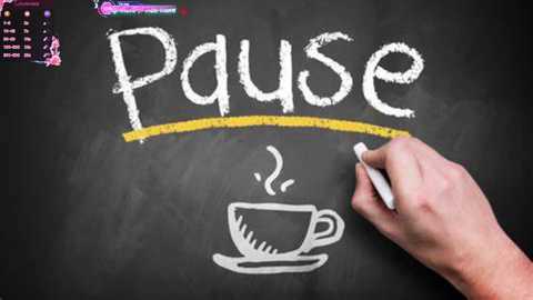 Media: Video of a chalkboard with \"Pause\" written in large, white chalk letters. A hand with a white chalk pencil draws a coffee cup with steam on the right side.