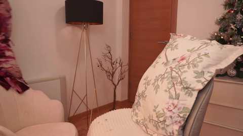 Media: Video of a cozy, well-lit room with a cream-colored armchair adorned with a floral pillow, a tall floor lamp, a wooden door, and a Christmas tree in the background.