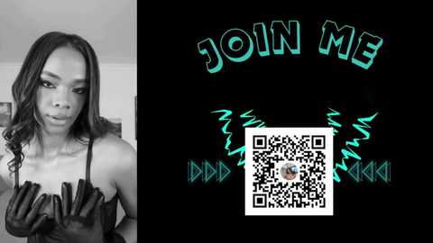 Media: Video of a Black woman with long wavy hair in a black leather dress. QR code and teal lightning bolt logo on a black background.