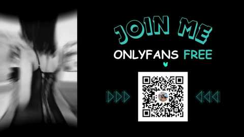 Media: A black-and-white blurred video of a person in a dark room dominates the left side. \"JOIN ME ONLYFANS FREE\" is prominently displayed in teal on the right, with a QR code and music notes.