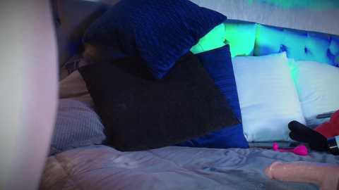 Media: Video of a bed with a blue and white quilt, two pillows, and a black blanket. A person's legs and a pink vibrator are visible on the bed.