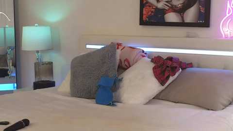 Media: Video of a cozy bedroom with a white bed, fluffy pillows, a framed picture of a woman in a red dress, a bedside lamp, and a remote control on the bed.