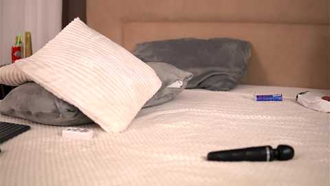 Media: Video of a neatly made bed with beige and gray pillows, a remote control, and a black microphone on a beige headboard.