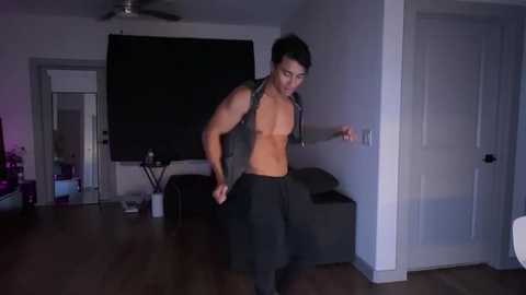 Media: A video of a shirtless, muscular man with short dark hair, wearing black pants, dancing in a dimly lit living room with a flat-screen TV, wooden floor, and gray walls.