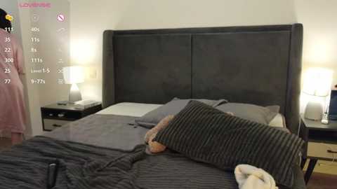 Media: Video of a modern bedroom with a gray upholstered headboard, white walls, two bedside lamps, and a woman in a pink robe standing beside the bed.