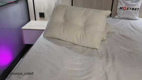 Media: Video of a neatly made bed with a tufted, light beige pillow in the foreground. A white wooden nightstand with a lamp sits to the left. The background features a white and light gray wall with a \"MOST\" logo on a pillowcase.