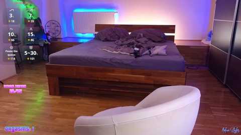 Media: Video of a modern bedroom with wooden floor, white chair, gray bed, black cat, blue lighting, digital clock, and digital display overlay.