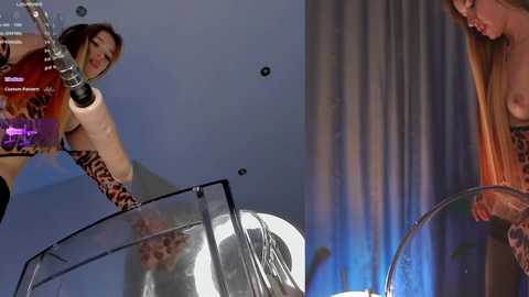 Media: Video of two women, one with a prosthetic leg, in a modern studio with a metallic backdrop. One woman, with fair skin and long red hair, wears a leopard-print bodysuit; the other, with fair skin and long blonde hair, wears a strapless top.