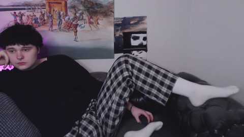 Media: Video of a young man with dark hair, wearing black shirt, white socks, and plaid pajama pants, lying on a gray couch, surrounded by posters and a white car on a wall.