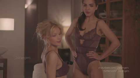 Media: Video of two women in matching mauve lingerie, one blonde, one brunette, standing in a dimly lit room with a wooden shelf and a lamp.