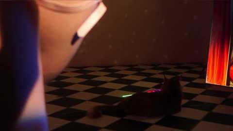 Media: A CGI image depicts a black cat with green eyes and a red collar on a black-and-white checkered floor, next to a lit fireplace with orange flames.