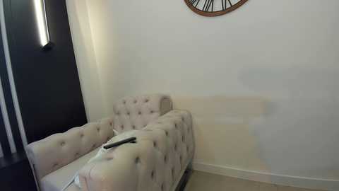 Media: A video of a minimalist room with a beige, tufted chaise lounge against a white wall, a round clock above, and a black wall lamp.