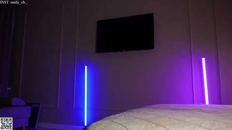 Media: Video of a dimly lit bedroom with a flat-screen TV mounted on a beige wall. Two tall, cylindrical LED lights emit blue and purple hues. The bed has a quilted coverlet.