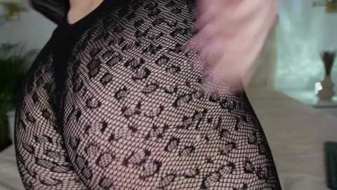 Media: Video of a woman's buttocks clad in sheer, black lace bodysuit, featuring intricate floral patterns. The background is a softly lit, indistinct room with a hint of greenery.