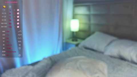 Media: Video of a dimly-lit bedroom with a bed covered in gray sheets, a small lamp emitting a soft green glow, and a blurred background.