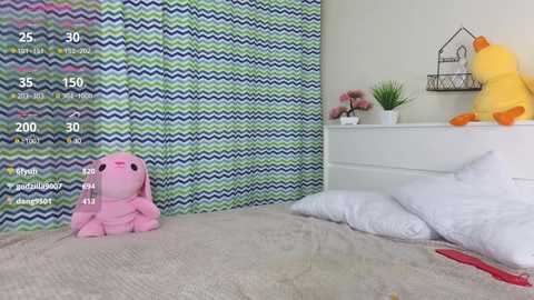 Media: Video of a cozy, pastel-themed bedroom with a pink bunny plush toy on a bed, blue and green zigzag patterned curtains, yellow stuffed animal, and a white nightstand with a plant.