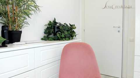 Media: Video of a minimalist bathroom with a white sink, black potted plant, pink Eames chair, and a white door.