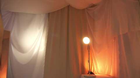 Media: Video of a cozy, dimly-lit room with soft, warm lighting. The scene features sheer white curtains on the left and a small, vintage-style lamp with a glowing bulb on the right. The background is a neutral, cream-colored wall.