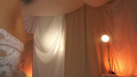 Media: Video of a dimly-lit, cozy bedroom with beige curtains and a white canopy bed. A small lamp emits a warm glow on the right side, casting soft shadows.