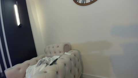 Media: Video of a dimly lit room with beige tufted sofa, white blanket, and an open door with a vertical light fixture.