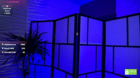 Media: Video of a dimly lit room with a purple-toned ambiance. A tall, narrow Japanese screen with a grid pattern and translucent panels stands against a wall, partially shadowed by a palm plant.