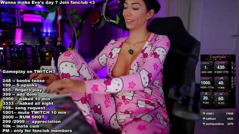 Media: Video of a young, light-skinned woman with dark hair, wearing a pink Hello Kitty onesie, sitting at a gaming desk. She is focused on a game, with text overlays showing Twitch stats.