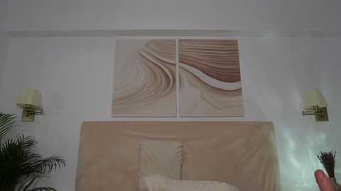 Media: Video of a minimalist bedroom featuring two abstract, wavy, beige and brown artworks on white walls, beige bedspread, and beige wall-mounted lamps.