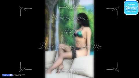 Media: A blurred video of a woman in black lingerie and thigh-high stockings, sitting on a cream sofa, with lush green trees in the background.