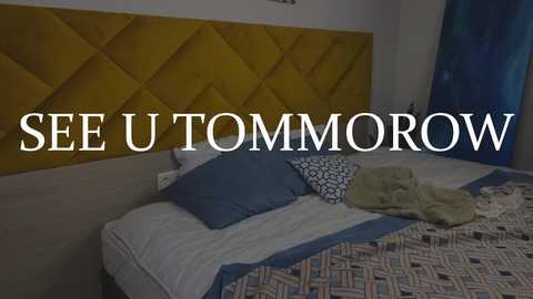 Media: Video of a modern bedroom with a mustard yellow diamond-patterned headboard, a bed with blue and white bedding, and a decorative pillow. Text overlay reads \"SEE U TOMORROW.\