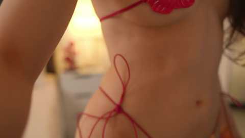 Media: Video of a slender, light-skinned woman with dark hair, wearing a red lace bra and matching thong. The background is softly blurred, with warm lighting.