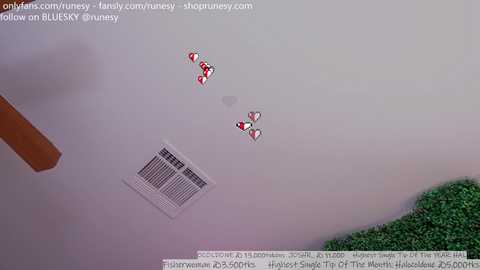 Media: Video of a ceiling fan with four red and white toy helicopters flying around, taken from a security camera. The fan blades are visible, and the green carpet is seen at the bottom right.