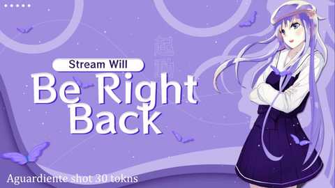 Media: A digital anime-style drawing featuring a purple-haired girl in a dark dress and hat, with butterflies, against a purple background, promoting \"Be Right Back\" stream.