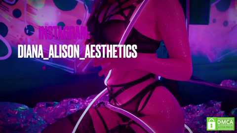 Media: Video of a scantily clad woman in a black, strappy, sheer lingerie ensemble, standing in a dimly lit, vibrant nightclub. Text overlays read \"Diana Alison, Aesthetics.\