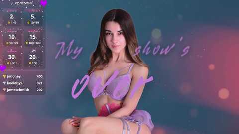 Media: A video of a young, slender woman with long brown hair, fair skin, and a slender physique, wearing a lavender lingerie set, seated against a blurred, colorful background. The text \"My Show's\" is overlaid in purple.