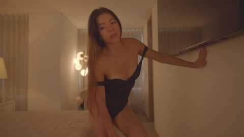 Media: Video of a slender, light-skinned woman with long, straight brown hair, wearing a black lace lingerie bodysuit, leaning against a wall in a dimly lit, modern bedroom with beige walls and a tall, circular lamp.