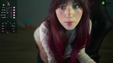 Media: A video of a young woman with long, burgundy hair, fair skin, and a light gray sweater, leaning forward, set in a dimly lit room with a blurred background.