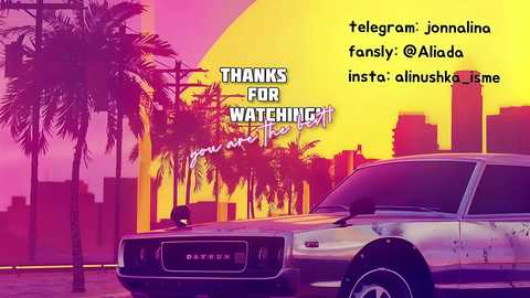 Media: A vibrant digital artwork featuring a classic silver Porsche parked on a sunny beachfront street, palm trees silhouetted against a sunset sky. Text in the top right thanks fans for their support, with a hashtag.