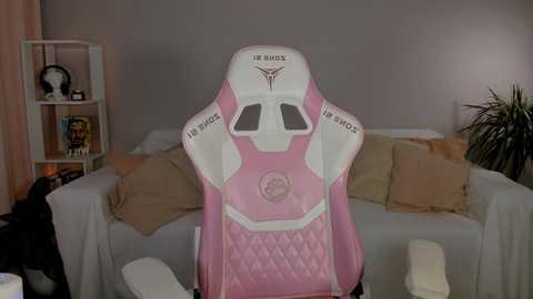 Video of a pink, quilted gaming chair with white accents and \"LIVE\" and \"STREAM\" branding, set in a cozy living room with a beige sofa, beige cushions, and a white shelving unit.