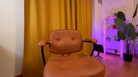 Media: Video of a mid-century modern armchair with a tan leather seat and black metal frame, positioned in a room with mustard-yellow curtains, wooden floor, and a white shelf with potted plants and books.