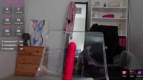 Media: Video of a messy bedroom with a large glass box holding a red dildo, wooden dresser, pink jacket hanging, and colorful abstract art on the wall.