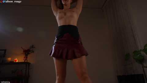 Media: Video of a topless woman with medium breasts, wearing a short, pleated maroon skirt, standing in a dimly lit room with a fireplace and potted plant in the background.