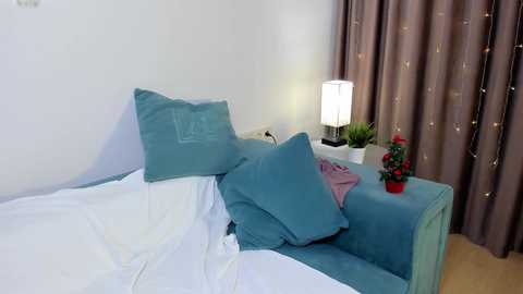 Media: Video of a neatly made bed with light blue bedding, two pillows, and a throw, set against white walls. Next to it, a small white nightstand holds a white lamp, a potted plant, and a pink towel. Brown curtains with gold stars adorn the background.