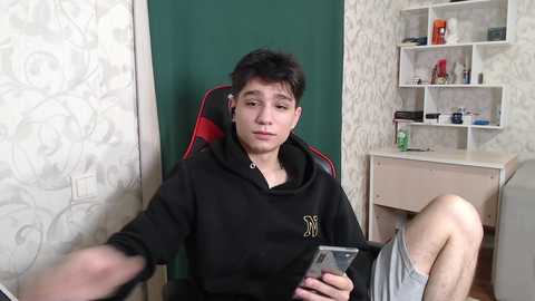 Media: Video of a young Asian man with short black hair, wearing a black hoodie, seated on a red gaming chair. He holds a phone, with a green curtain and patterned wallpaper in the background.