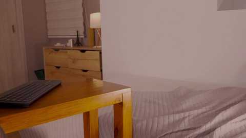 Media: A video of a minimalist bedroom featuring a wooden desk with a keyboard, a drawer chest, a lamp, a bed with a white duvet, and a window with white blinds.