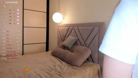 Media: A video of a minimalist bedroom with beige bedding, a cushioned headboard, and a round pendant light, partially obscured by a person in a white shirt.