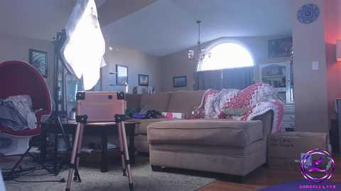 Media: A video of a cluttered living room with a beige sofa, a red chair, a large ottoman, and a TV stand, featuring a bright light reflecting off a mirror, and a purple watermark in the bottom right corner.