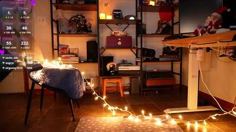 Media: Video of a cozy, dimly-lit room with a white cat on a wooden table, a blue cloth draped over a chair, and string lights illuminating the tiled floor. Shelves hold books and decorations, creating a warm, inviting atmosphere.