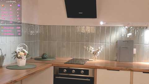 Media: Video of a modern kitchen with a wooden countertop, a built-in electric stove, glass tile backsplash, a silver microwave, and decorative floral arrangements in white vases.